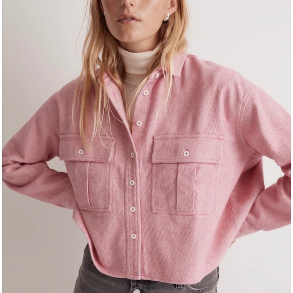 Madewell Large Pink Flannel Cargo Button Up Shirt Shacket Cropped Relaxed Fit